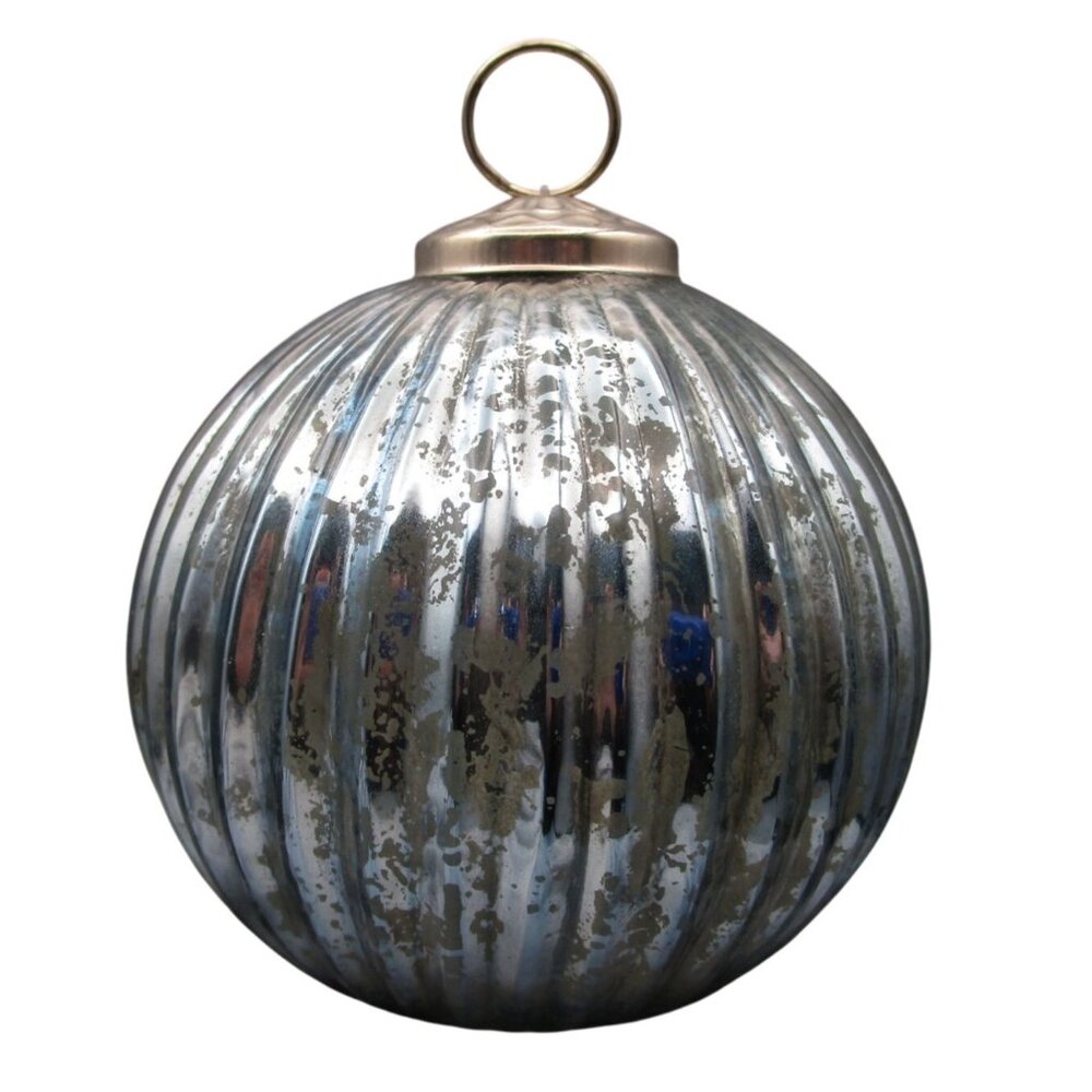 Vintage Ribbed Mercury Style Blue Distressed Glass Ornament Metal Cap GUC
